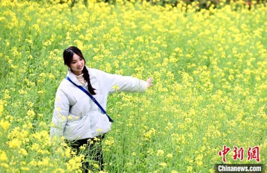 3月16日，市民在油菜花中拍照留念。中新社记者 张斌 摄